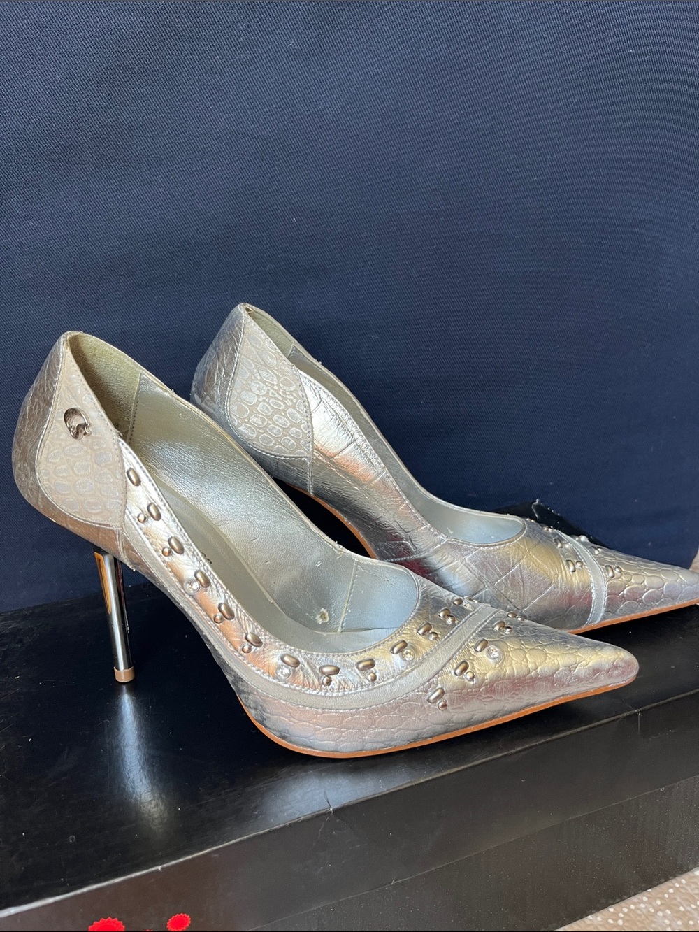Carmen Steffens Silver Leather Pointed-Toe Studded High Heels